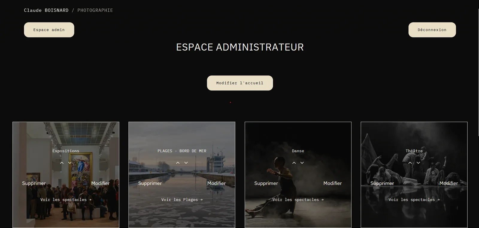 Espace administrateur listant les rubriques avec les actions modifier, supprimer et réordonner
