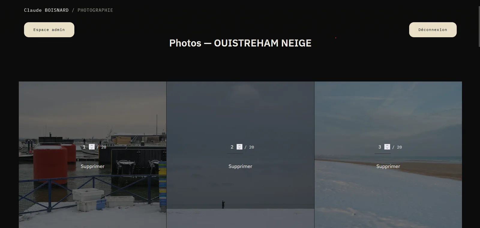 Gestion des photographies d'une série, chacune avec son rang et un bouton de suppression