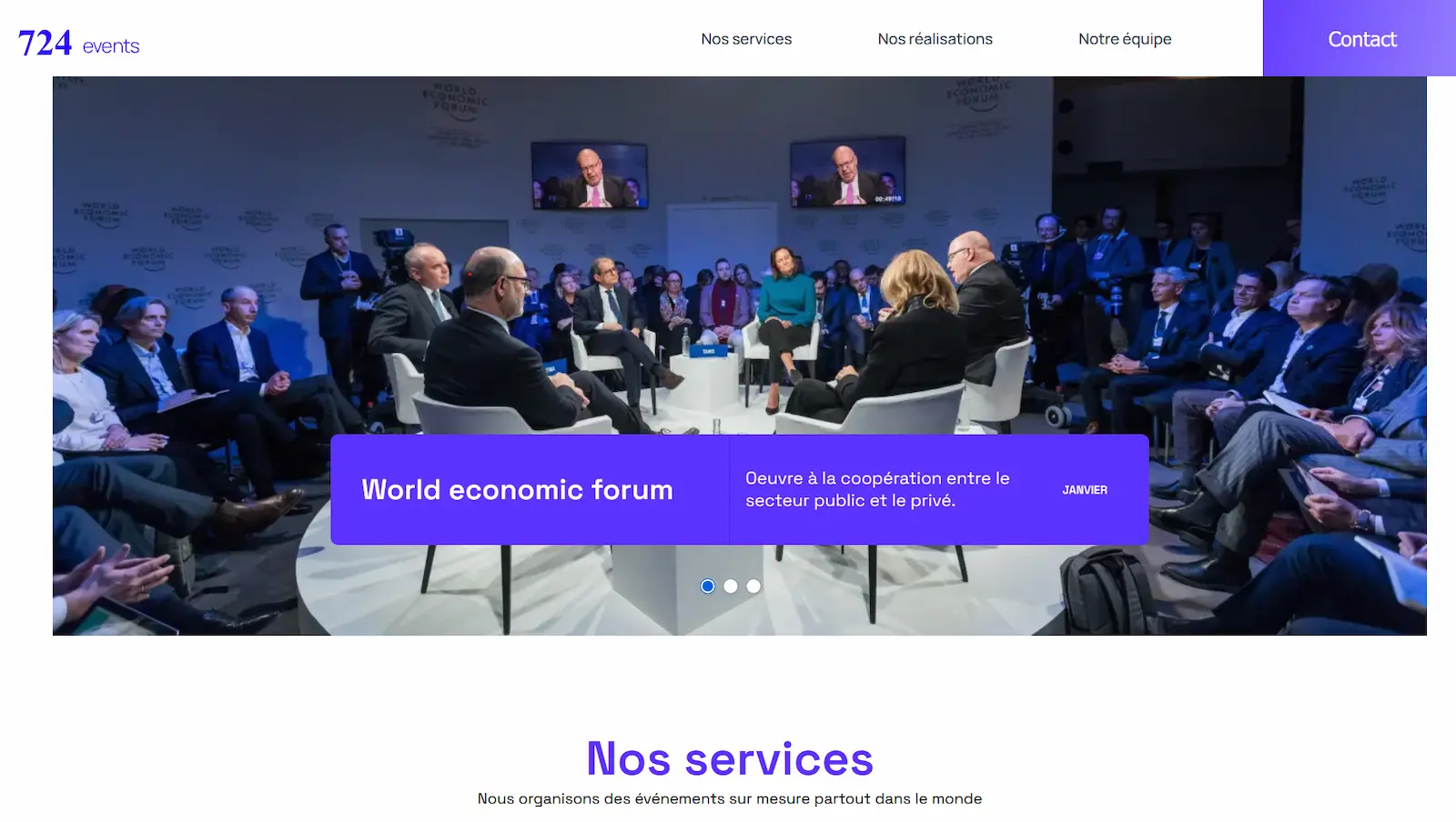 Page d'accueil du site 724 Events, avec photo d'une conférence du World Economic Forum