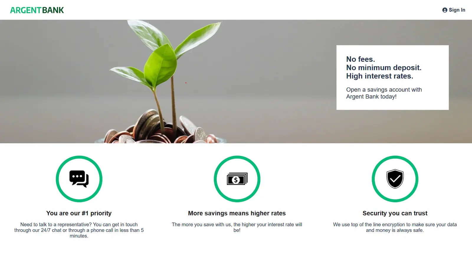 Page d'accueil du site ArgentBank, avec image de pousse de plante.