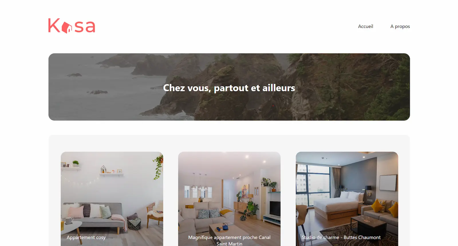 Page d'accueil de l'application Kasa, avec bannière et grille de logements à louer