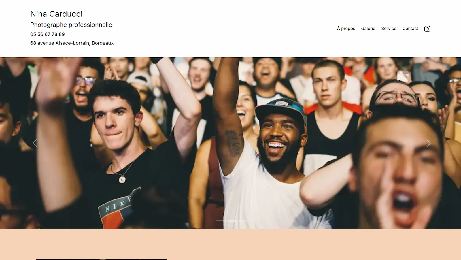 Page d'accueil du portfolio de la photographe Nina Carducci, avec photo de foule en concert