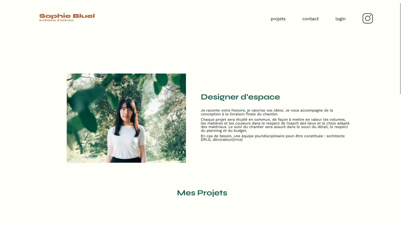 Page d'accueil du portfolio de Sophie Bluel, architecte d'intérieur, avec son portrait